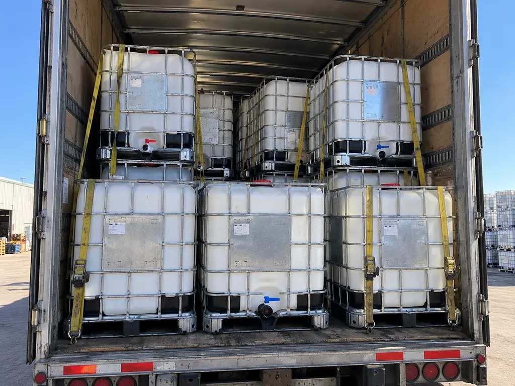 A strapped load of IBC totes seen through the open rear doors of a trailer